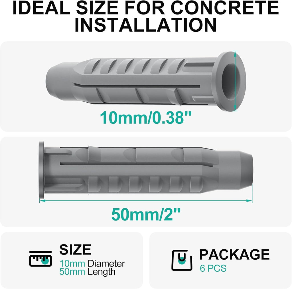 WALI Plastic Concrete Wall Anchors 10x50mm, Wall Plugs for TV Mount, 6 Pack Heavy Duty Wall Plugs for TV Mount Brick Concrete Wall Installation, Simple Hammer-in Install for Wall Mounted Brackets, Gray
