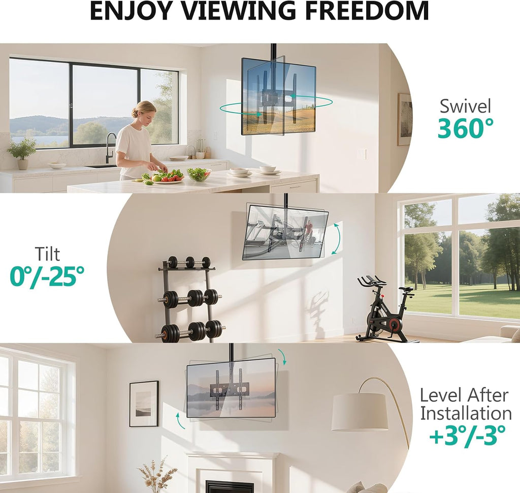 WALI Ceiling TV Mount for Most 26-65 inch LCD LED OLED 4K TVs, up to 99 lbs | Hanging Pole Ceiling Mount TV Bracket Up Down, Full Motion with Height Adjustment, Tilt, Swivel,Max VESA 400x400mm (CM2665-P)