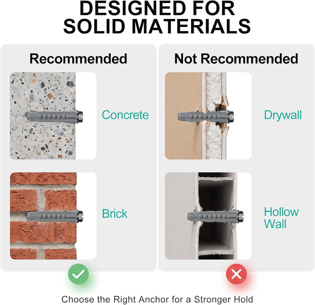 WALI Plastic Concrete Wall Anchors 10x50mm, Wall Plugs for TV Mount, 6 Pack Heavy Duty Wall Plugs for TV Mount Brick Concrete Wall Installation, Simple Hammer-in Install for Wall Mounted Brackets, Gray