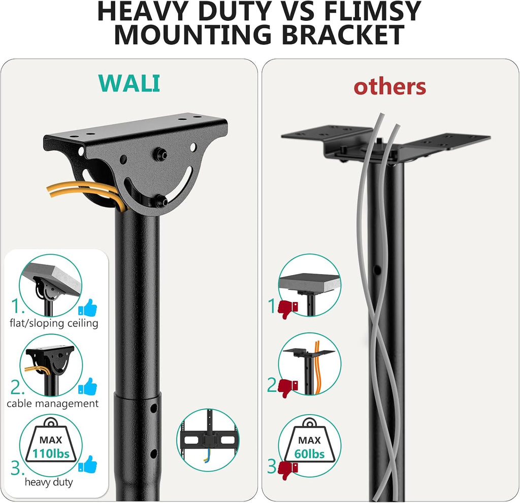 WALI Ceiling TV Mount for Most 26-65 inch LCD LED OLED 4K TVs, up to 99 lbs | Hanging Pole Ceiling Mount TV Bracket Up Down, Full Motion with Height Adjustment, Tilt, Swivel,Max VESA 400x400mm (CM2665-P)