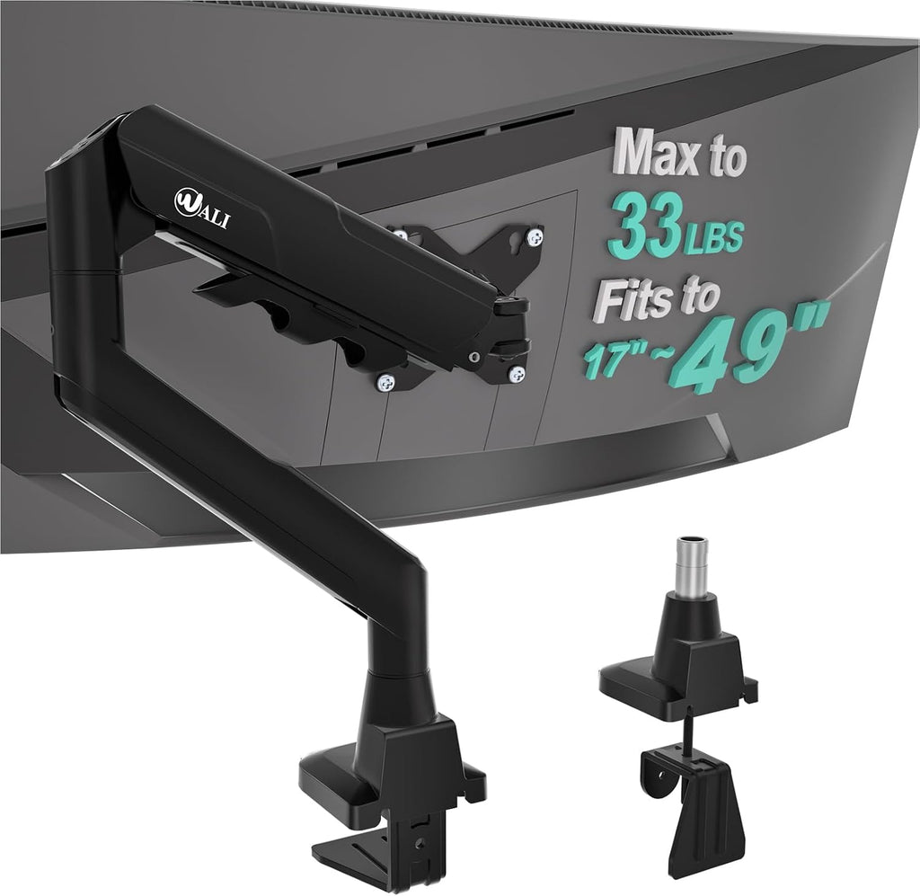WALI Ultrawide Single Monitor Arm for 17-49 inch Curved Screen, up to 33lbs | Heavy Duty Monitor Desk Mount, Full Motion with Tilt, Swivel, Rotation, C-Clamp/Grommet Base, VESA 75/100mm (GSM001XLN),Black