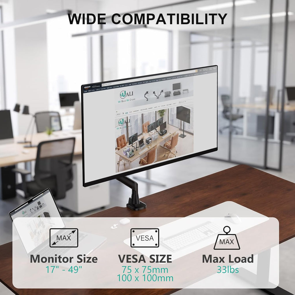 WALI Ultrawide Single Monitor Arm for 17-49 inch Curved Screen, up to 33lbs | Heavy Duty Monitor Desk Mount, Full Motion with Tilt, Swivel, Rotation, C-Clamp/Grommet Base, VESA 75/100mm (GSM001XLN),Black