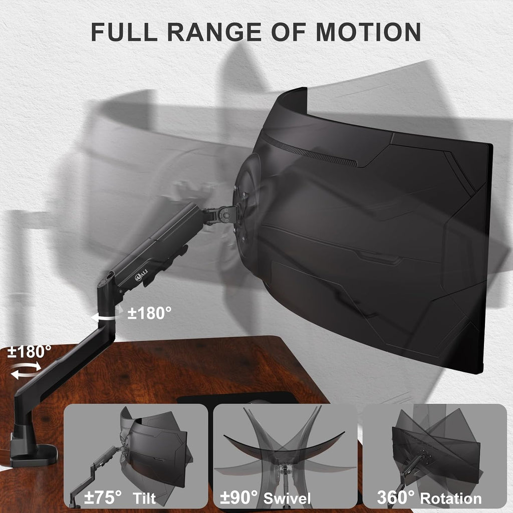 WALI Ultrawide Single Monitor Arm for 17-49 inch Curved Screen, up to 33lbs | Heavy Duty Monitor Desk Mount, Full Motion with Tilt, Swivel, Rotation, C-Clamp/Grommet Base, VESA 75/100mm (GSM001XLN),Black