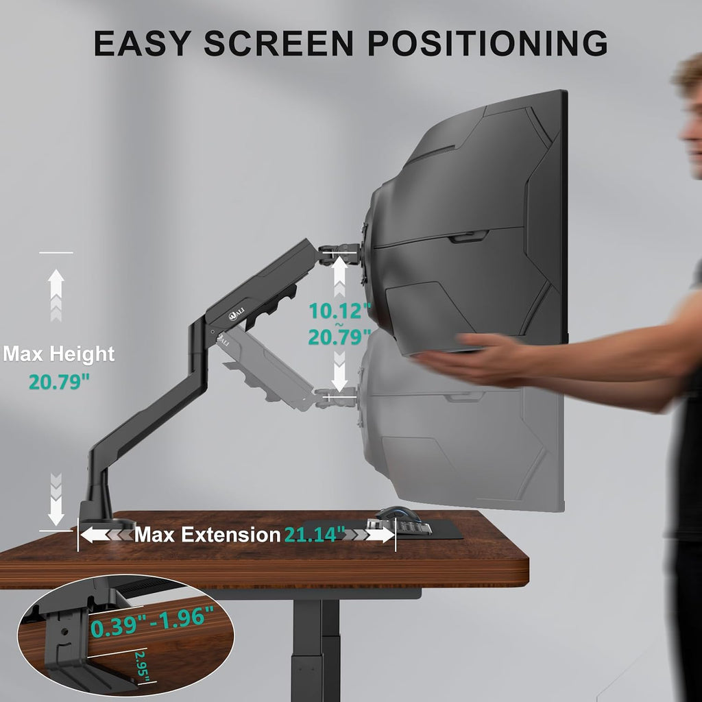 WALI Ultrawide Single Monitor Arm for 17-49 inch Curved Screen, up to 33lbs | Heavy Duty Monitor Desk Mount, Full Motion with Tilt, Swivel, Rotation, C-Clamp/Grommet Base, VESA 75/100mm (GSM001XLN),Black