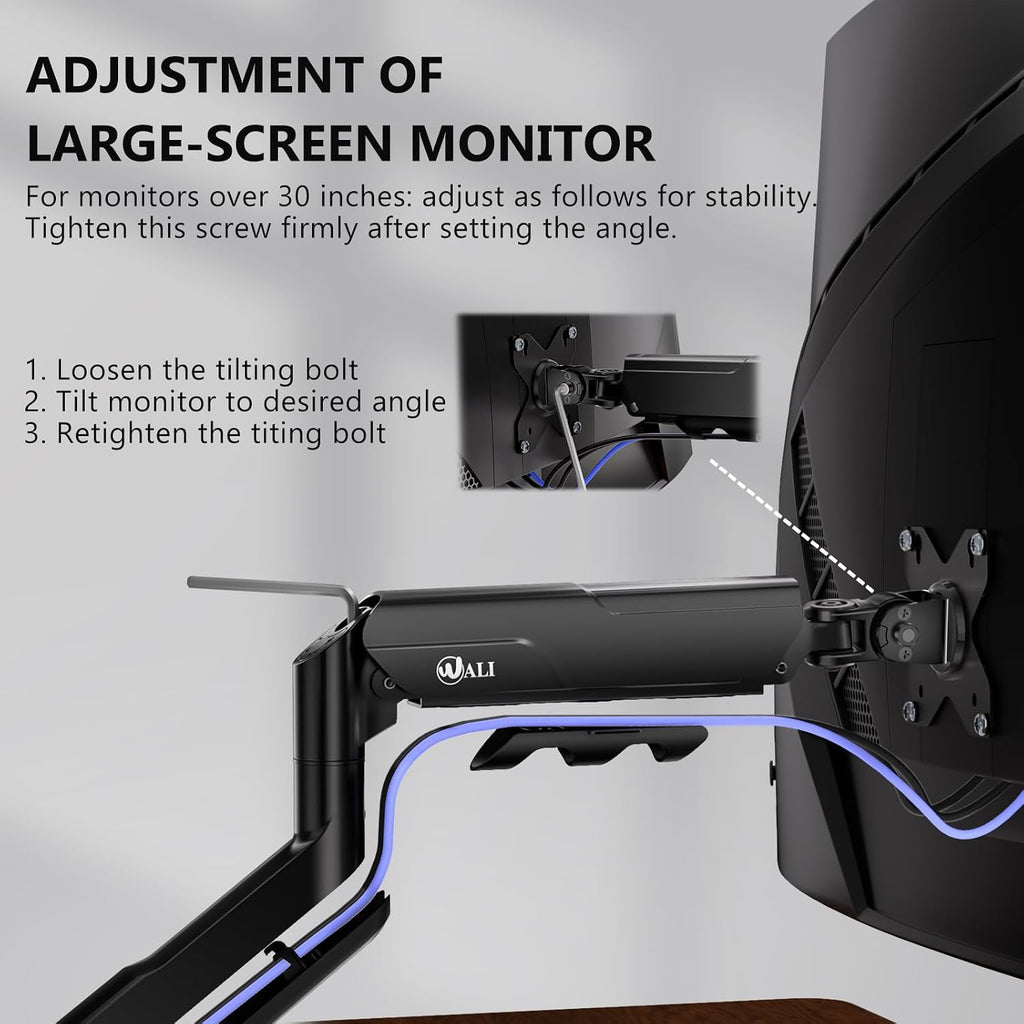 WALI Ultrawide Single Monitor Arm for 17-49 inch Curved Screen, up to 33lbs | Heavy Duty Monitor Desk Mount, Full Motion with Tilt, Swivel, Rotation, C-Clamp/Grommet Base, VESA 75/100mm (GSM001XLN),Black
