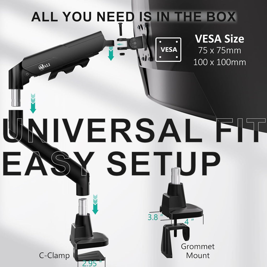 WALI Ultrawide Single Monitor Arm for 17-49 inch Curved Screen, up to 33lbs | Heavy Duty Monitor Desk Mount, Full Motion with Tilt, Swivel, Rotation, C-Clamp/Grommet Base, VESA 75/100mm (GSM001XLN),Black