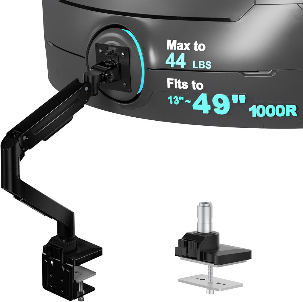 WALI Heavy Duty Monitor Arm for 13-49 inch 1000R Curved Screen, up to 44lbs | Ultrawide Monitor Desk Mount, Full Motion with Tilt, Swivel, Rotation, C-Clamp/Grommet Base, VESA 75/100mm (GSM001XL), Black