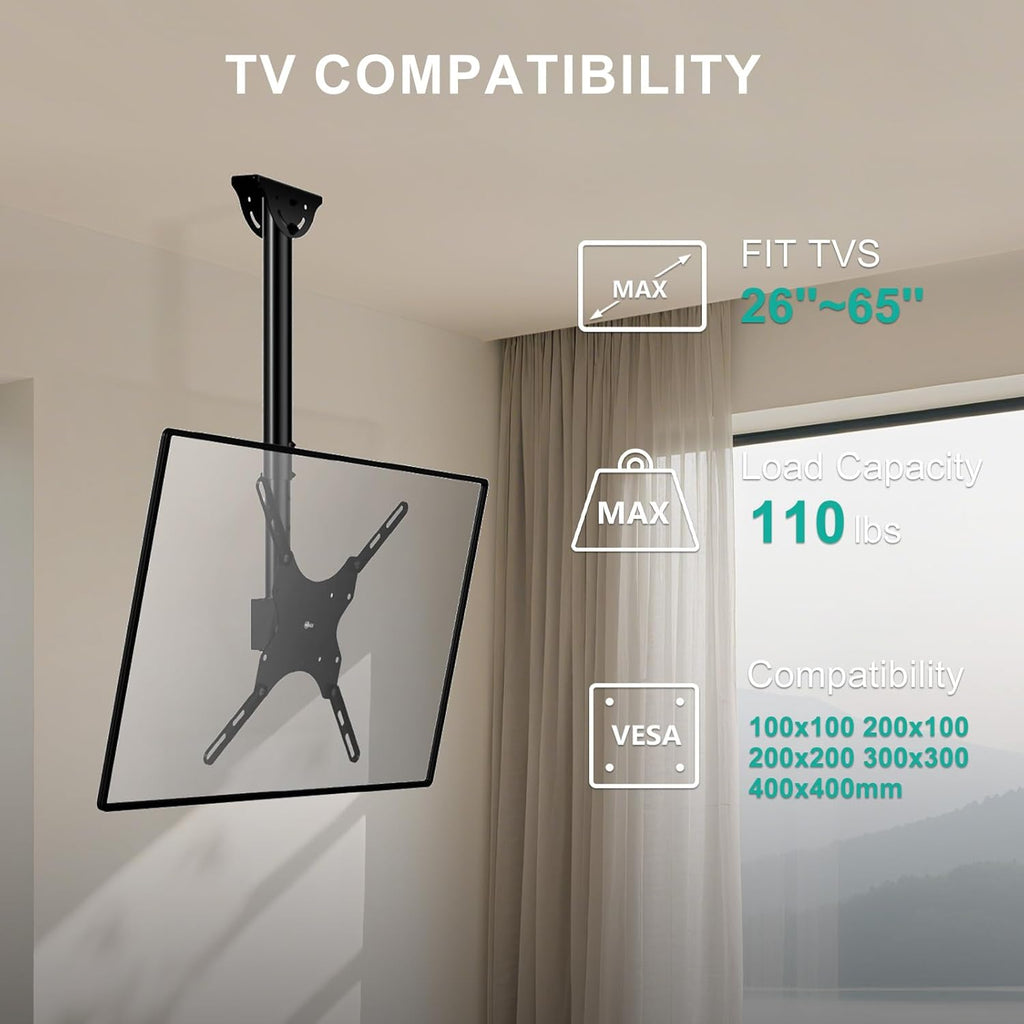 WALI Ceiling TV Mount for Most 26-65 inch LCD LED 4K TVs, up to 110 lbs | Hanging Pole Ceiling Mount TV Bracket for Home Gym Patio Gazebo, Full Motion with Tilt, Swivel, Max VESA 400x400mm (CM2665)