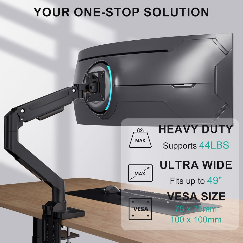 WALI Heavy Duty Monitor Arm for 13-49 inch 1000R Curved Screen, up to 44lbs | Ultrawide Monitor Desk Mount, Full Motion with Tilt, Swivel, Rotation, C-Clamp/Grommet Base, VESA 75/100mm (GSM001XL), Black