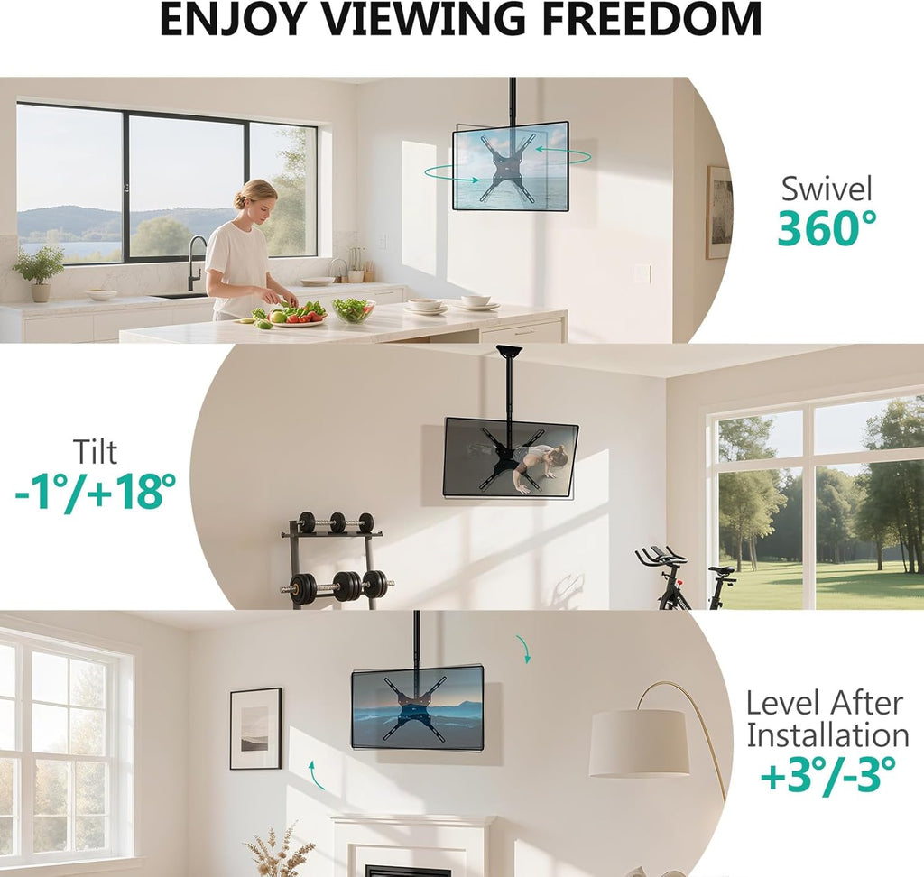 WALI Ceiling TV Mount for Most 26-65 inch LCD LED 4K TVs, up to 110 lbs | Hanging Pole Ceiling Mount TV Bracket for Home Gym Patio Gazebo, Full Motion with Tilt, Swivel, Max VESA 400x400mm (CM2665)