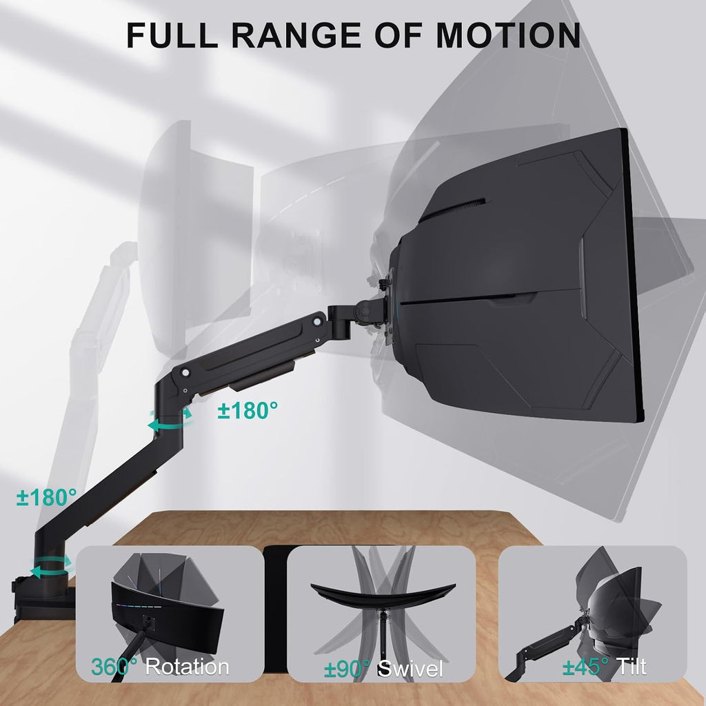 WALI Heavy Duty Monitor Arm for 13-49 inch 1000R Curved Screen, up to 44lbs | Ultrawide Monitor Desk Mount, Full Motion with Tilt, Swivel, Rotation, C-Clamp/Grommet Base, VESA 75/100mm (GSM001XL), Black
