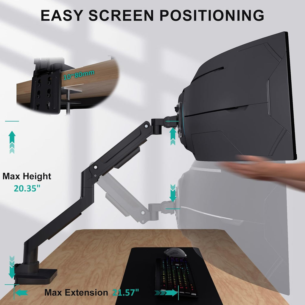 WALI Heavy Duty Monitor Arm for 13-49 inch 1000R Curved Screen, up to 44lbs | Ultrawide Monitor Desk Mount, Full Motion with Tilt, Swivel, Rotation, C-Clamp/Grommet Base, VESA 75/100mm (GSM001XL), Black