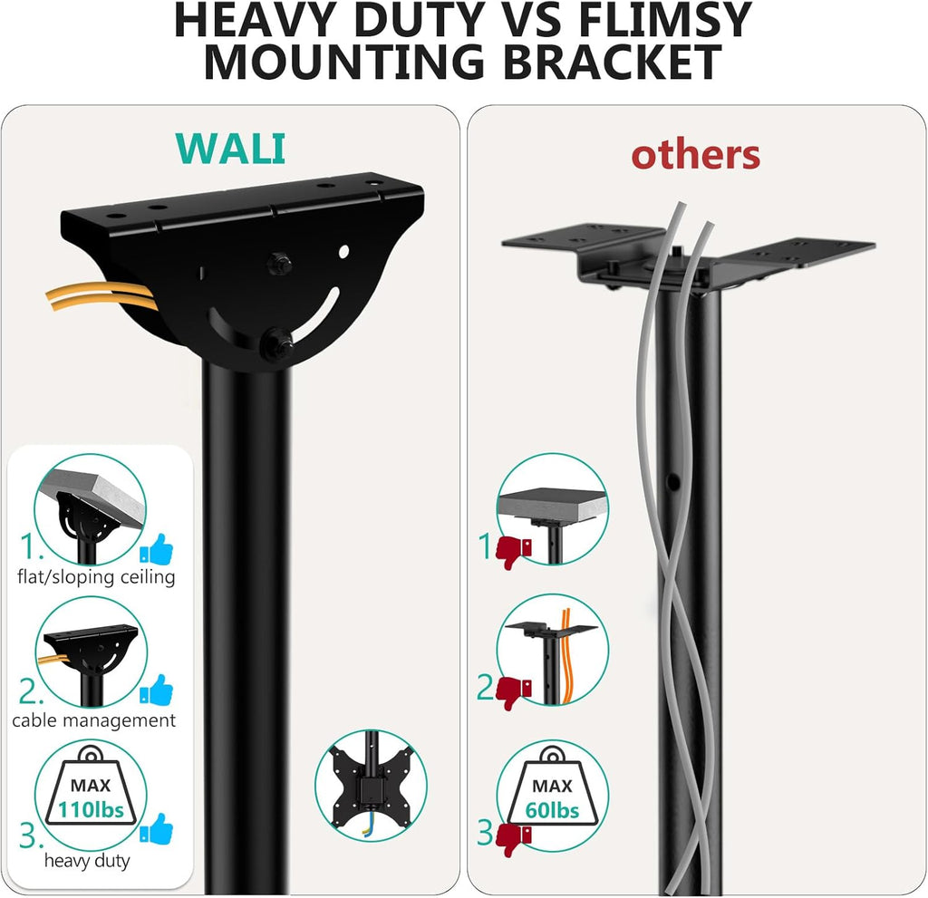 WALI Ceiling TV Mount for Most 26-65 inch LCD LED 4K TVs, up to 110 lbs | Hanging Pole Ceiling Mount TV Bracket for Home Gym Patio Gazebo, Full Motion with Tilt, Swivel, Max VESA 400x400mm (CM2665)