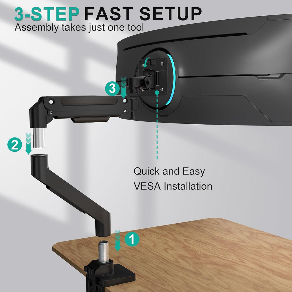 WALI Heavy Duty Monitor Arm for 13-49 inch 1000R Curved Screen, up to 44lbs | Ultrawide Monitor Desk Mount, Full Motion with Tilt, Swivel, Rotation, C-Clamp/Grommet Base, VESA 75/100mm (GSM001XL), Black