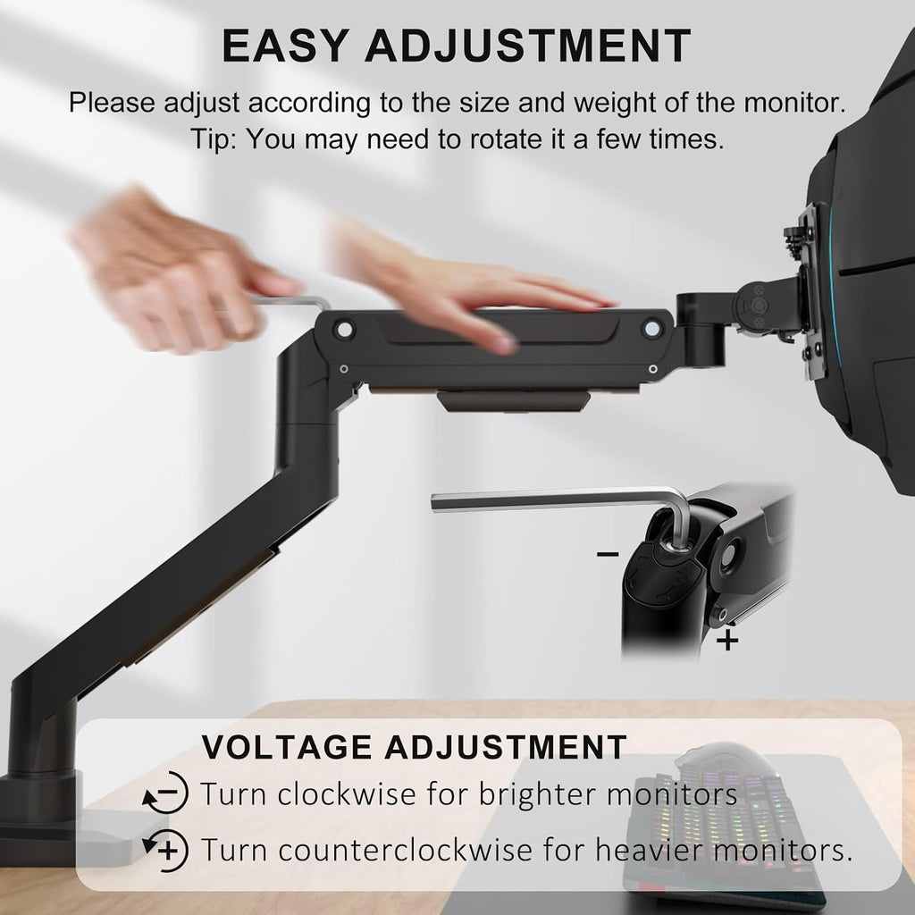 WALI Heavy Duty Monitor Arm for 13-49 inch 1000R Curved Screen, up to 44lbs | Ultrawide Monitor Desk Mount, Full Motion with Tilt, Swivel, Rotation, C-Clamp/Grommet Base, VESA 75/100mm (GSM001XL), Black