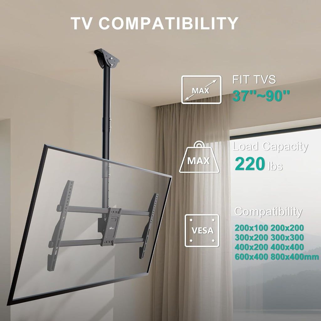 WALI Heavy Duty Ceiling TV Mount for 37-90 inch Large TVs, up to 220 lbs | Hanging Pole Ceiling Mount TV Bracket Up Down, Full Motion with Height Adjustment, Tilt, Swivel, Max VESA 800x400mm (CM3790)