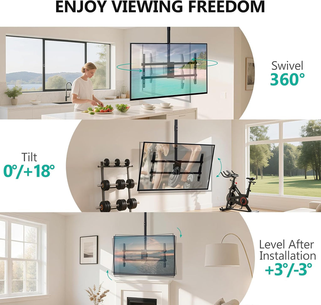 WALI Heavy Duty Ceiling TV Mount for 37-90 inch Large TVs, up to 220 lbs | Hanging Pole Ceiling Mount TV Bracket Up Down, Full Motion with Height Adjustment, Tilt, Swivel, Max VESA 800x400mm (CM3790)
