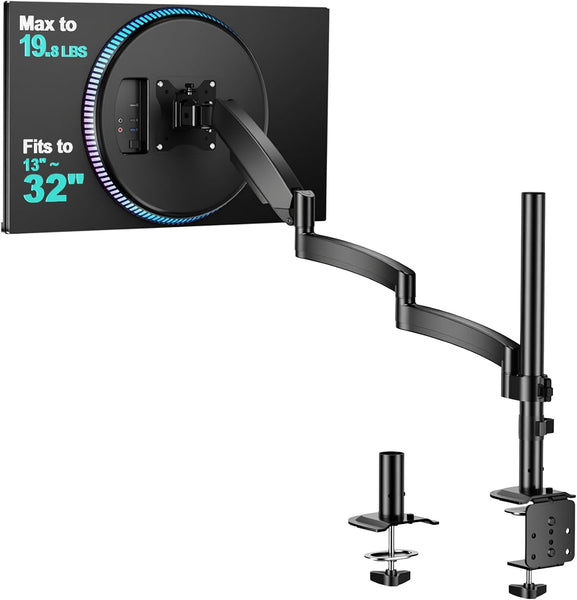 WALI Extra Long Single Monitor Arm for 13-32 inch Screens, up to 19.8 lbs | Tall Monitor Desk Mount, Full Motion with Tilt, Swivel, Rotation, C-Clamp & Grommet Base, VESA 75/100mm (GSDM001L), Black