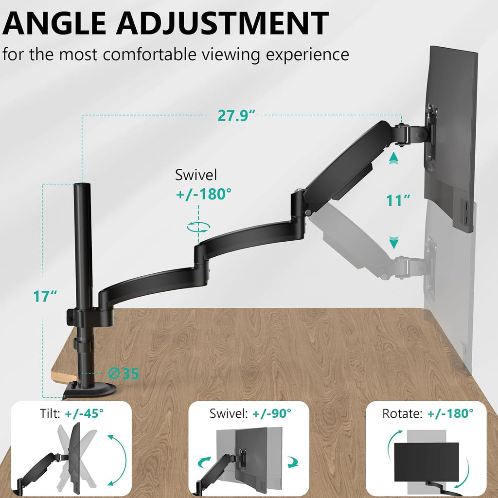 WALI Extra Long Single Monitor Arm for 13-32 inch Screens, up to 19.8 lbs | Tall Monitor Desk Mount, Full Motion with Tilt, Swivel, Rotation, C-Clamp & Grommet Base, VESA 75/100mm (GSDM001L), Black