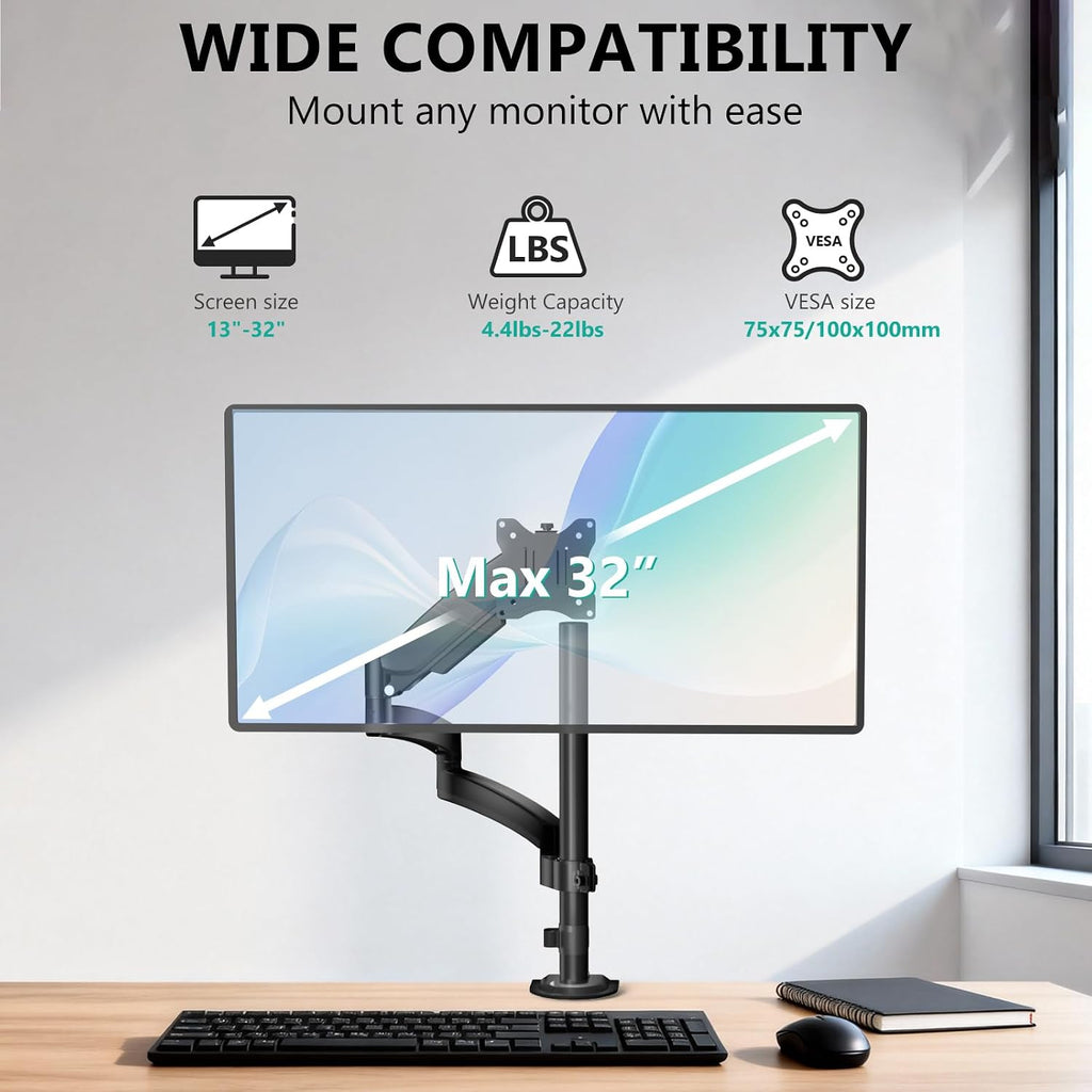 WALI Extra Long Single Monitor Arm for 13-32 inch Screens, up to 19.8 lbs | Tall Monitor Desk Mount, Full Motion with Tilt, Swivel, Rotation, C-Clamp & Grommet Base, VESA 75/100mm (GSDM001L), Black