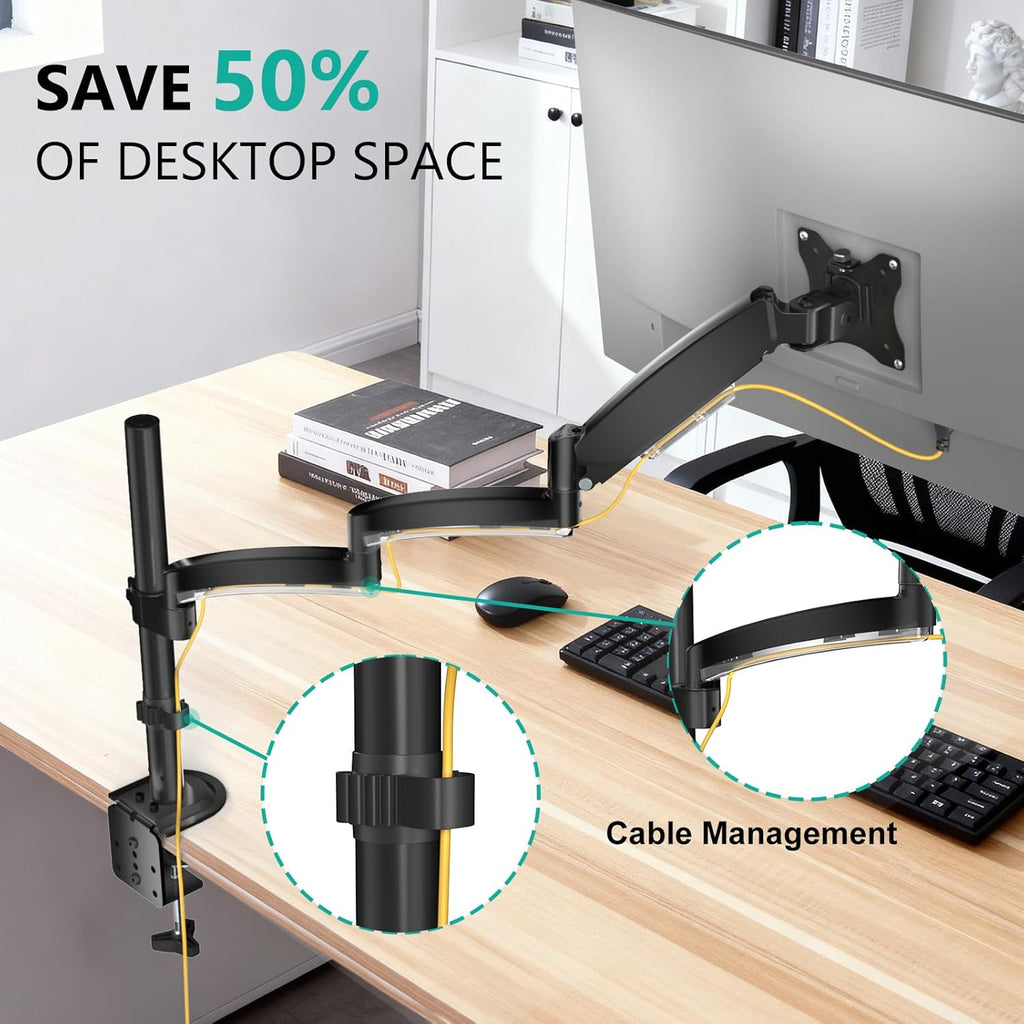 WALI Extra Long Single Monitor Arm for 13-32 inch Screens, up to 19.8 lbs | Tall Monitor Desk Mount, Full Motion with Tilt, Swivel, Rotation, C-Clamp & Grommet Base, VESA 75/100mm (GSDM001L), Black