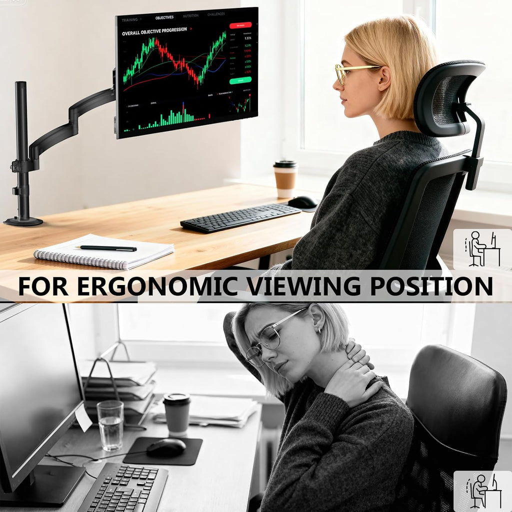 WALI Extra Long Single Monitor Arm for 13-32 inch Screens, up to 19.8 lbs | Tall Monitor Desk Mount, Full Motion with Tilt, Swivel, Rotation, C-Clamp & Grommet Base, VESA 75/100mm (GSDM001L), Black