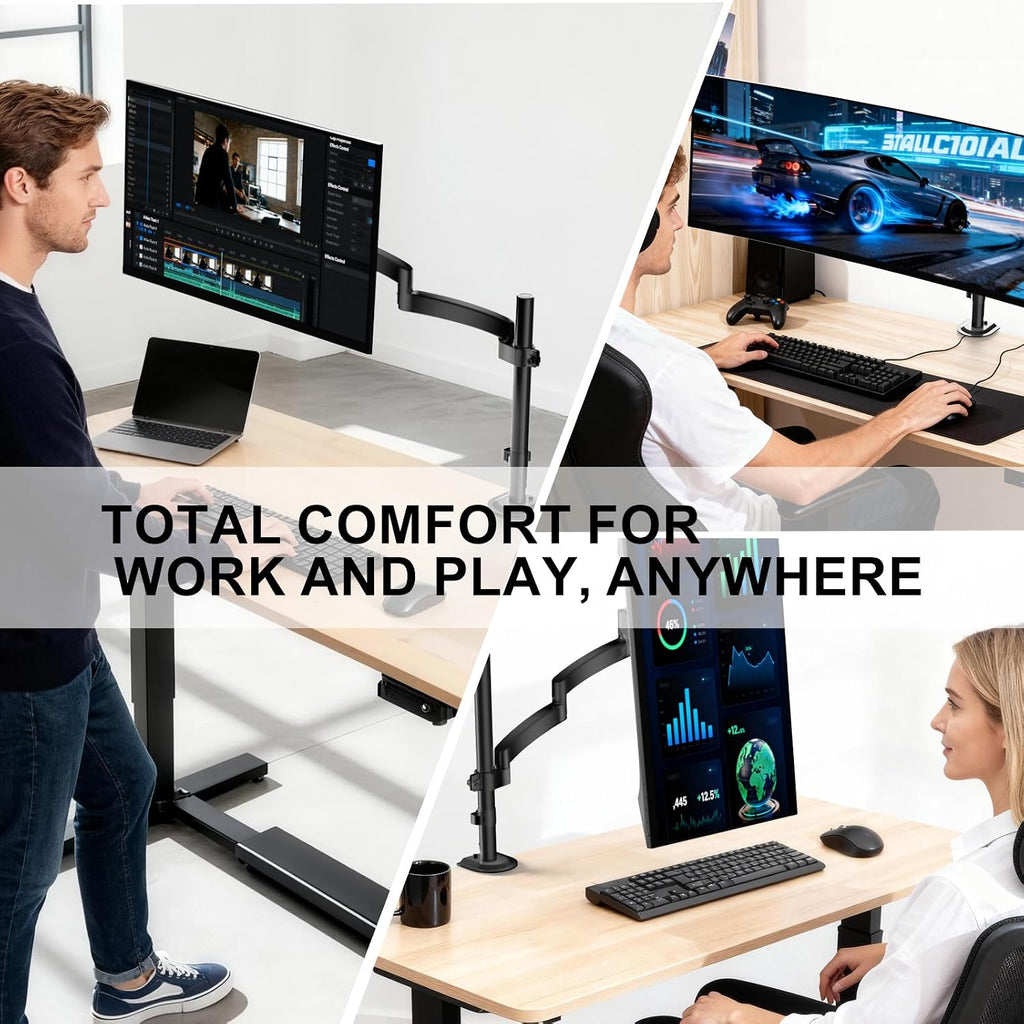 WALI Extra Long Single Monitor Arm for 13-32 inch Screens, up to 19.8 lbs | Tall Monitor Desk Mount, Full Motion with Tilt, Swivel, Rotation, C-Clamp & Grommet Base, VESA 75/100mm (GSDM001L), Black