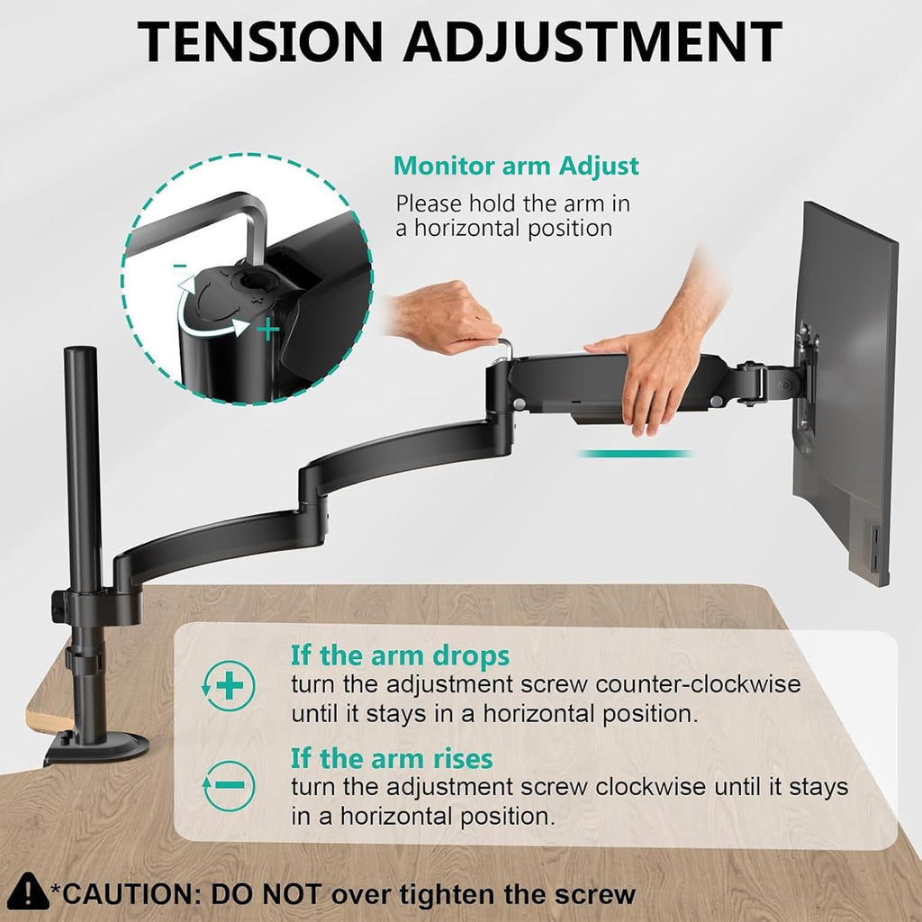 WALI Extra Long Single Monitor Arm for 13-32 inch Screens, up to 19.8 lbs | Tall Monitor Desk Mount, Full Motion with Tilt, Swivel, Rotation, C-Clamp & Grommet Base, VESA 75/100mm (GSDM001L), Black