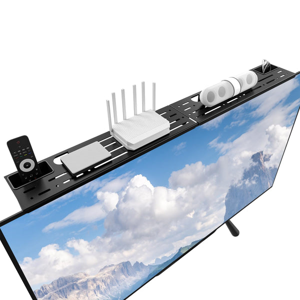 WALI TV Top Shelf, Adjustable Monitor Shelf with 2 Storage Boxes, Stitchable Floating TV Stand Holds Up to 5.5lbs for Speaker, Media Boxes, Game Console, Router Shelves 34.65×4.3'' (TSH004-2B), Black