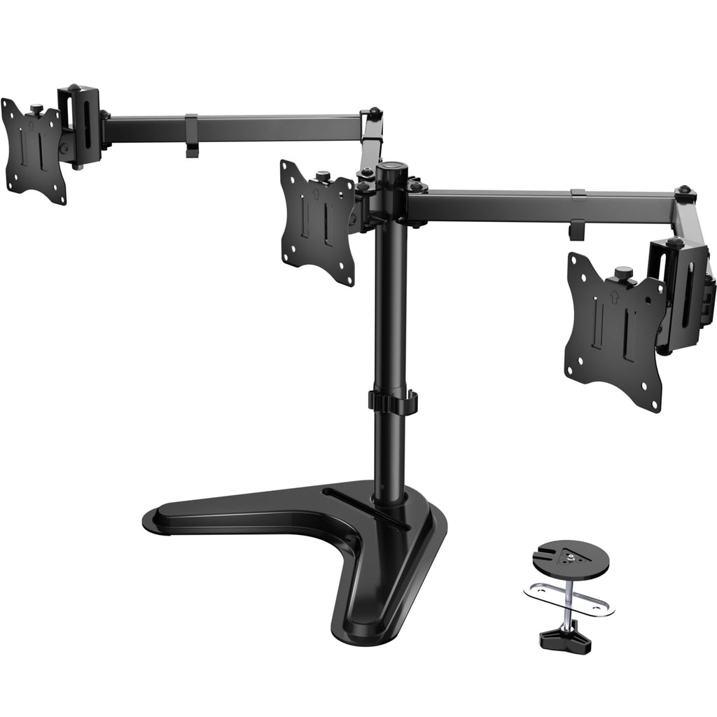 WALI Free Standing Triple Monitor Mount, Heavy Duty Triple Monitors Stand for 13-27 inch Screens, Adjustable 3 Monitor Arm Desk Mount with Swivel, Tilt, Rotation, Grommet Base (MF003N), Black