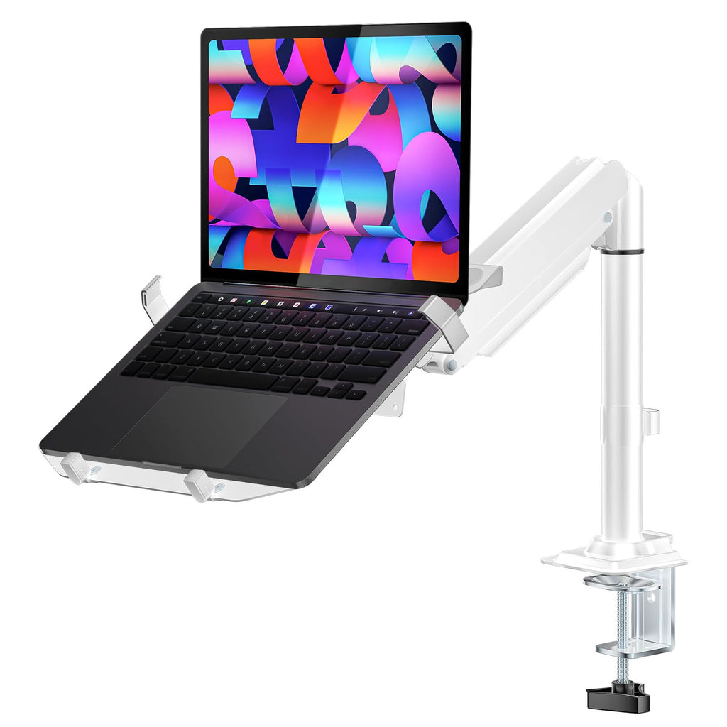 WALI Laptop Tray Desk Mount, Laptop Arm Mount Fits 10-15.6 Inch Notebook, Single Gas Spring Monitor Arm for 17-32 Inch Computer Screen, Holds up to 22lbs(GSDM00LPW), White