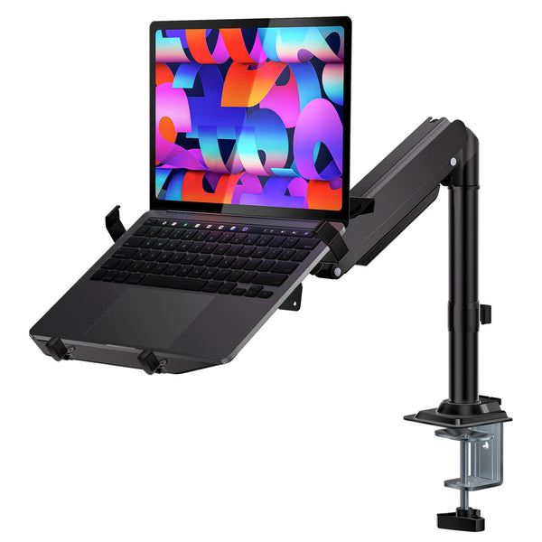 WALI Laptop Tray Desk Mount, Laptop Arm Mount Fits 10-15.6 Inch Notebook, Single Gas Spring Monitor Arm for 17-32 Inch Computer Screen, Holds up to 22lbs(GSDM00LP), Black