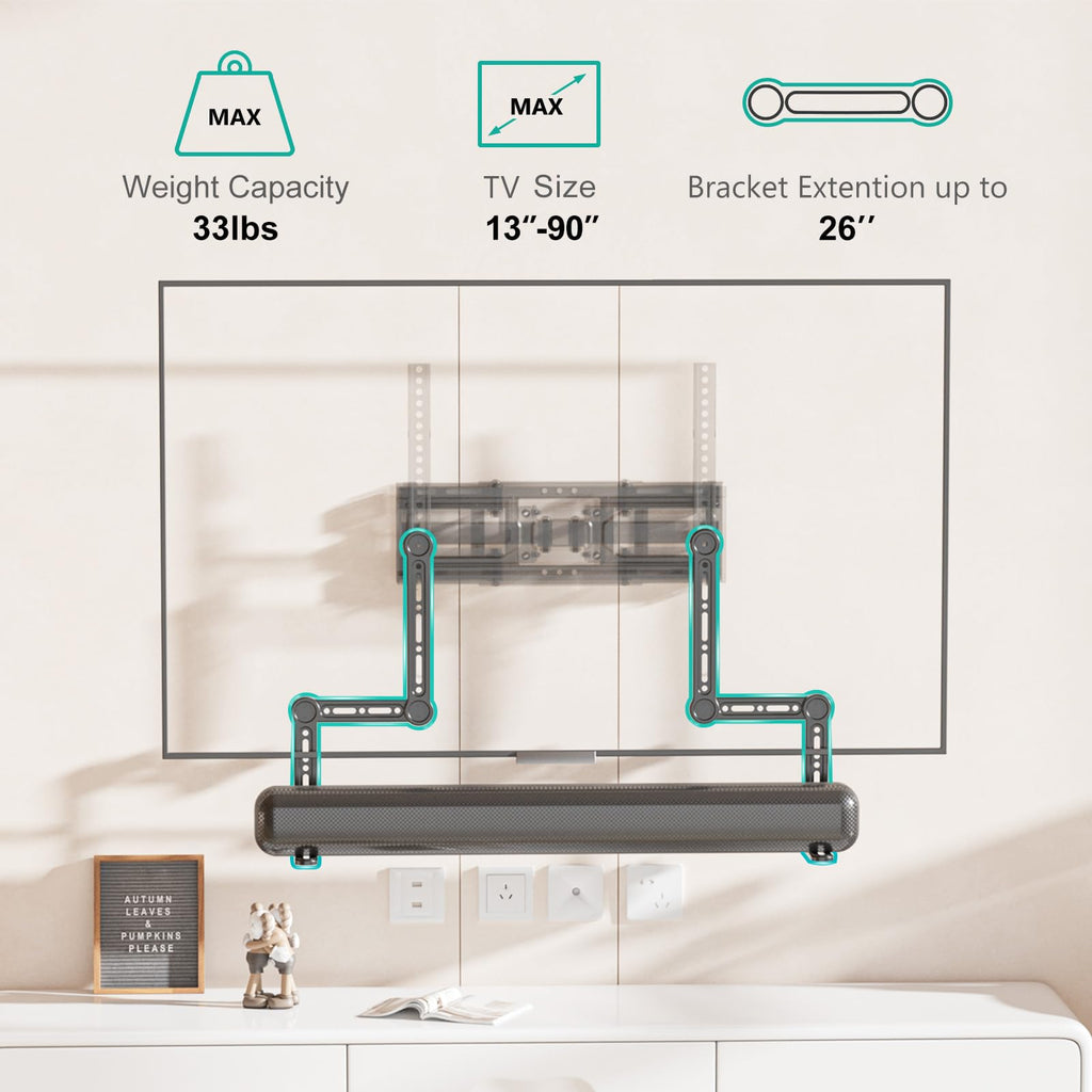WALI Universal Sound Bar Mount - Compatible with Samsung, Sony, Vizio, Bose, LG, and Roku Sound Bars, Fits Most 23-90 Inch TVs, Adjustable Angle, Supports 33 lbs, Easy Installation, Black