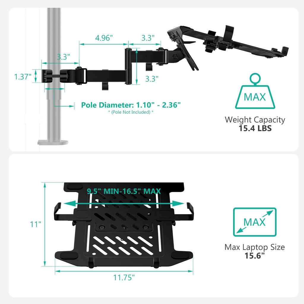 WALI Laptop Pole Mount Tray, Universal Laptop Arm Holder Fits 10 to 15.6 inch Laptops, Full Motion Monitor Mount with Removable VESA 75x75 or 100x100 mm(011ARMLP), Black