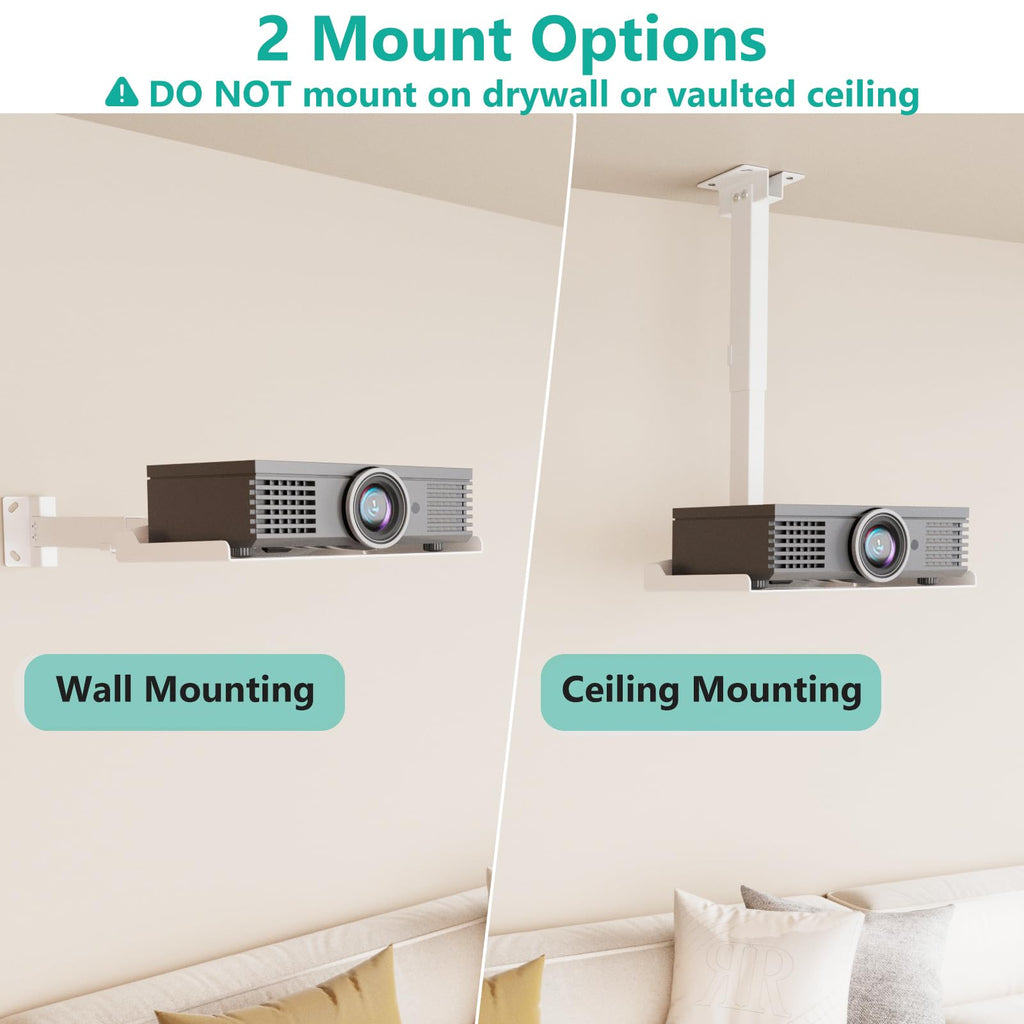 WALI Projector Ceiling Mount Tray，Projector Wall Mount Holds up to 22lbs，Height Adjustable Universal Projection Mount Tray 13.7'' x 8.6'', No Hole Installation, Hidden Cable Routing, White (PM-005-W)