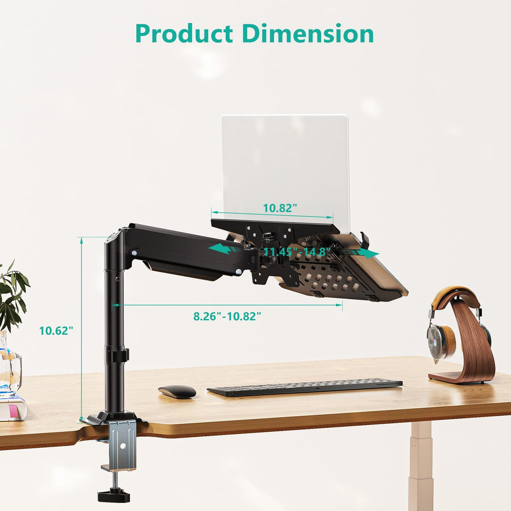 WALI Laptop Tray Desk Mount, Laptop Arm Mount Fits 10-15.6 Inch Notebook, Single Gas Spring Monitor Arm for 17-32 Inch Computer Screen, Holds up to 22lbs(GSDM00LP), Black