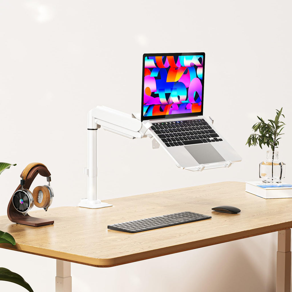 WALI Laptop Tray Desk Mount, Laptop Arm Mount Fits 10-15.6 Inch Notebook, Single Gas Spring Monitor Arm for 17-32 Inch Computer Screen, Holds up to 22lbs(GSDM00LPW), White
