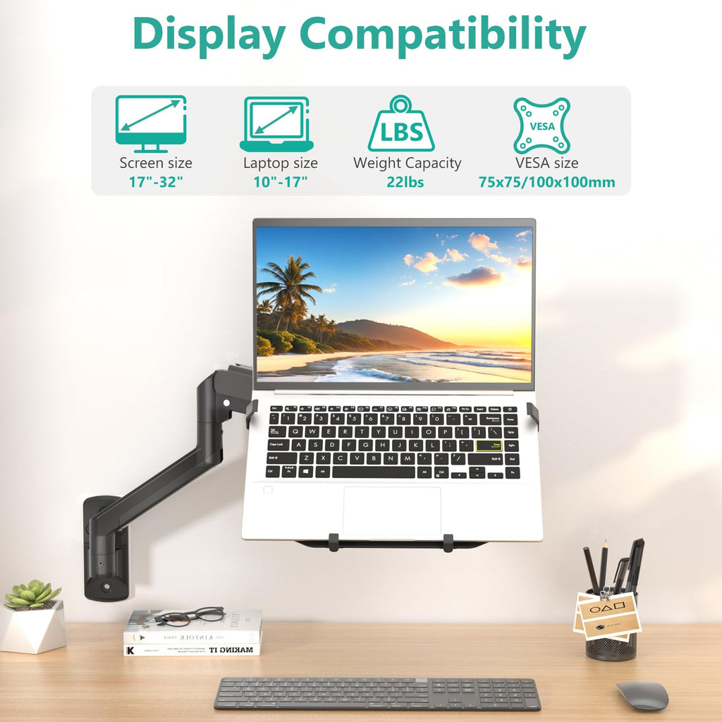 WALI Laptop Wall Mount, Full Motion Adjustable Laptop Arm Fits 10 to 17inch Notebook, Monitor Wall Mount for 17 to 32inch Computer Screen, Holds up to 15.4-22lbs(GSWM001LP), Black