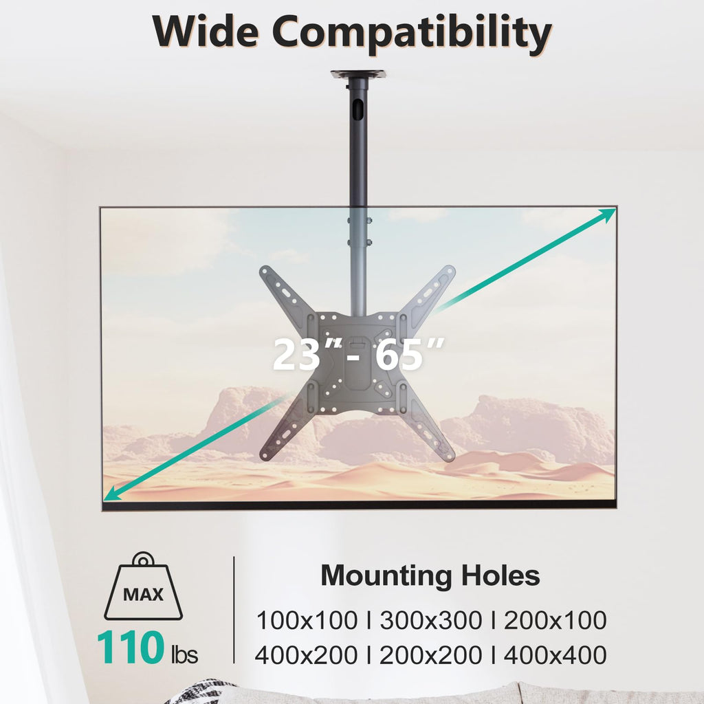 WALI Ceiling TV Mount Adjustable Bracket Fits Most LED, LCD, OLED and Plasma Flat Screen Display 23 to 65 Inch, up to 110 Lbs, Mounting Holes 400x400mm (CM2365), Black