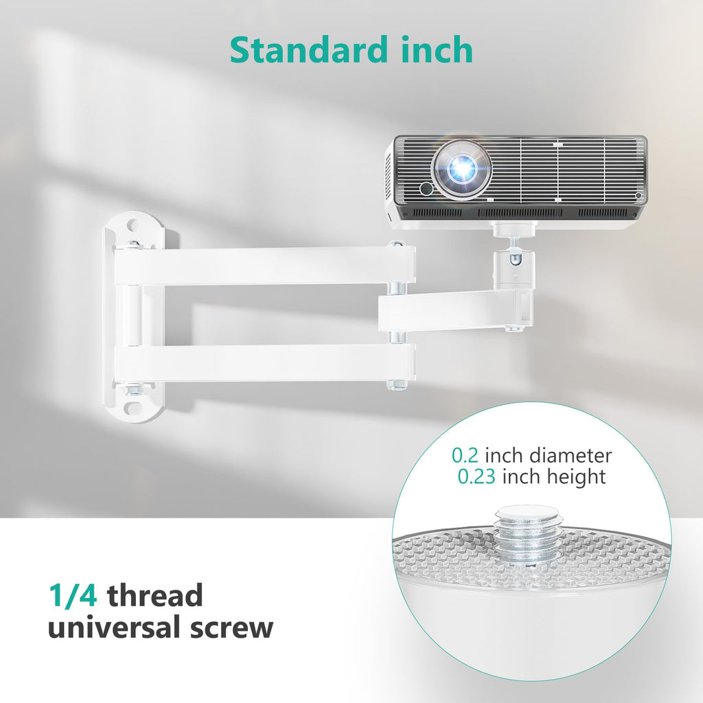WALI Foldable Projector Wall Mount Universal Adjustable Wall Projector Mount Aluminum Alloy Projectors Stand,1/4" M4 M6 Screw Size,(1330LM-PMW), White