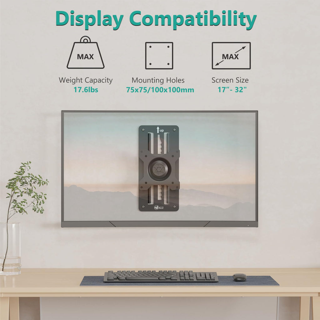 WALI Single Monitor Wall Mount, Height Adjustable for 17-32 inch Computer Monitor Bracket, up to 17.6 Lbs, Fits 1 Screen with Max Mounting Holes 100x100mm (1732LM), Black