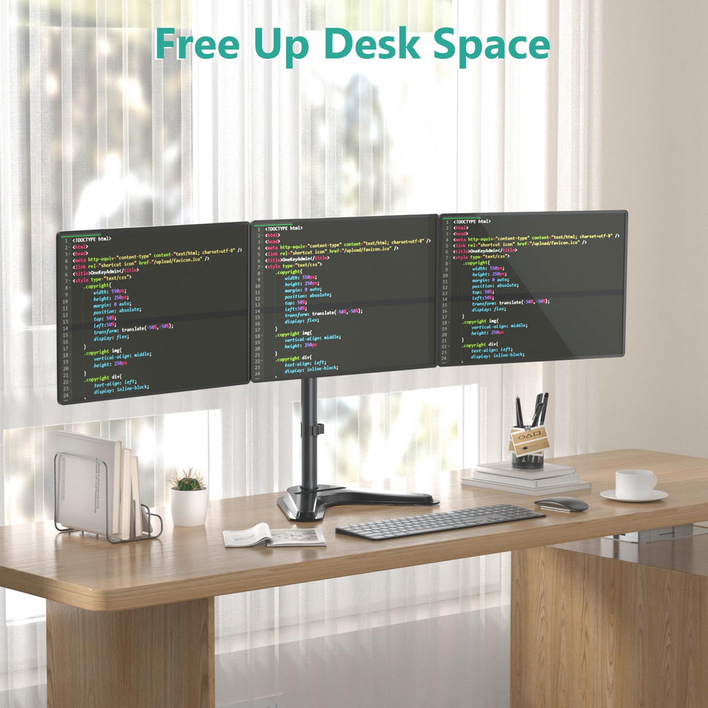 WALI Free Standing Triple Monitor Mount, Heavy Duty Triple Monitors Stand for 13-27 inch Screens, Adjustable 3 Monitor Arm Desk Mount with Swivel, Tilt, Rotation, Grommet Base (MF003N), Black