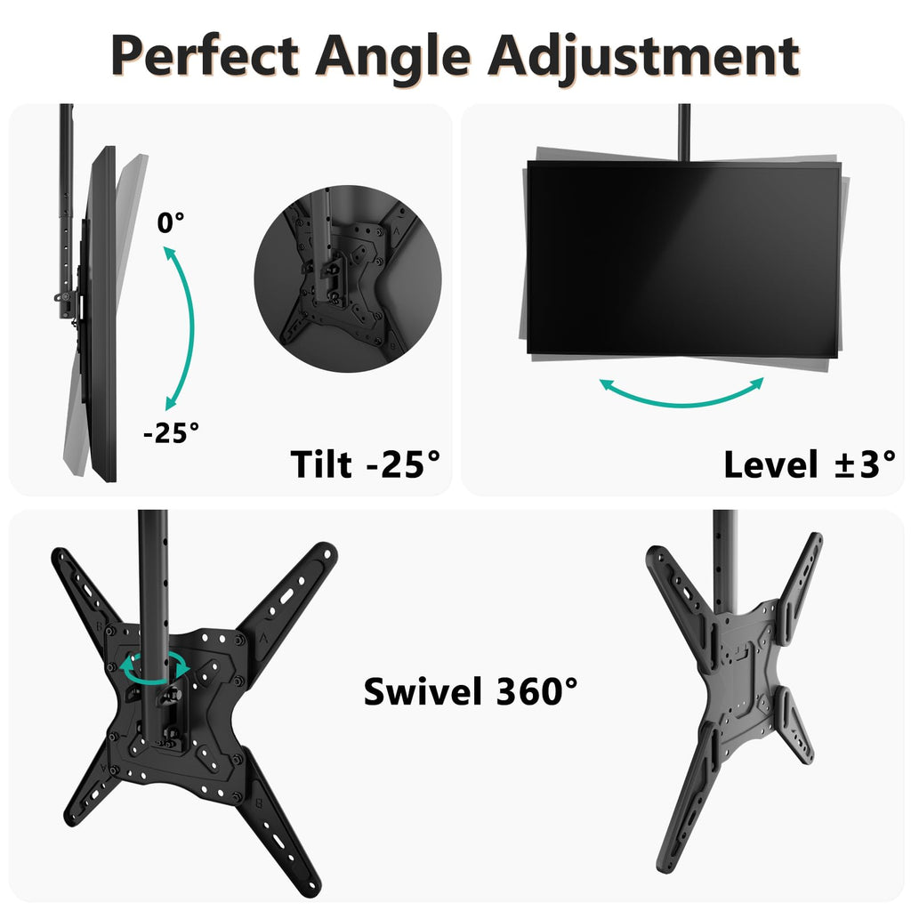 WALI Ceiling TV Mount Adjustable Bracket Fits Most LED, LCD, OLED and Plasma Flat Screen Display 23 to 65 Inch, up to 110 Lbs, Mounting Holes 400x400mm (CM2365), Black