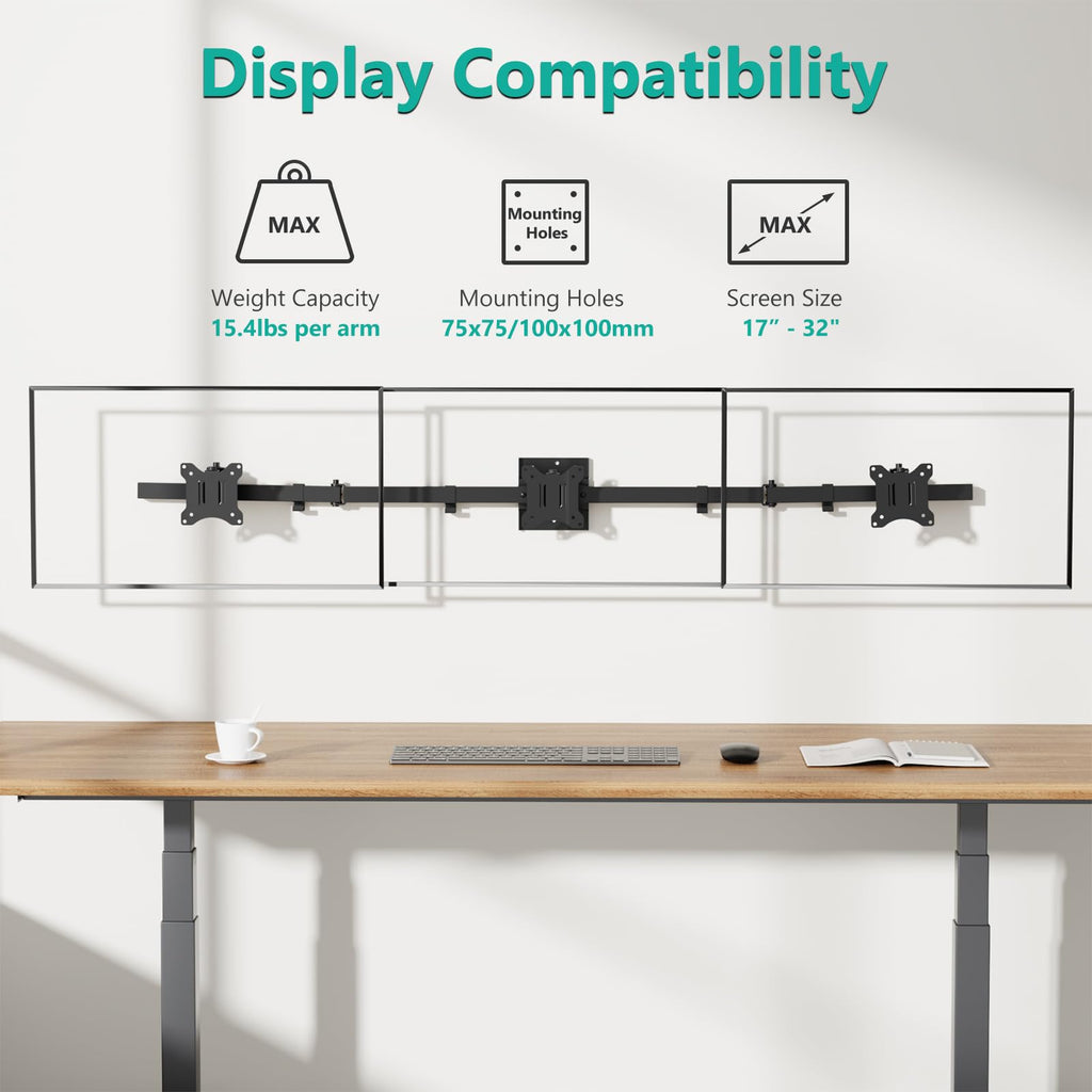 WALI Triple Monitor Wall Mount for 17 to 32 Inch, Computer Monitor Arm for 3 Screens, Swivel Tilt Wall Mount with Mounting Holes 75x75/100x100mm, Per Arm Holds Up to 15.4lbs (013ARM), Black