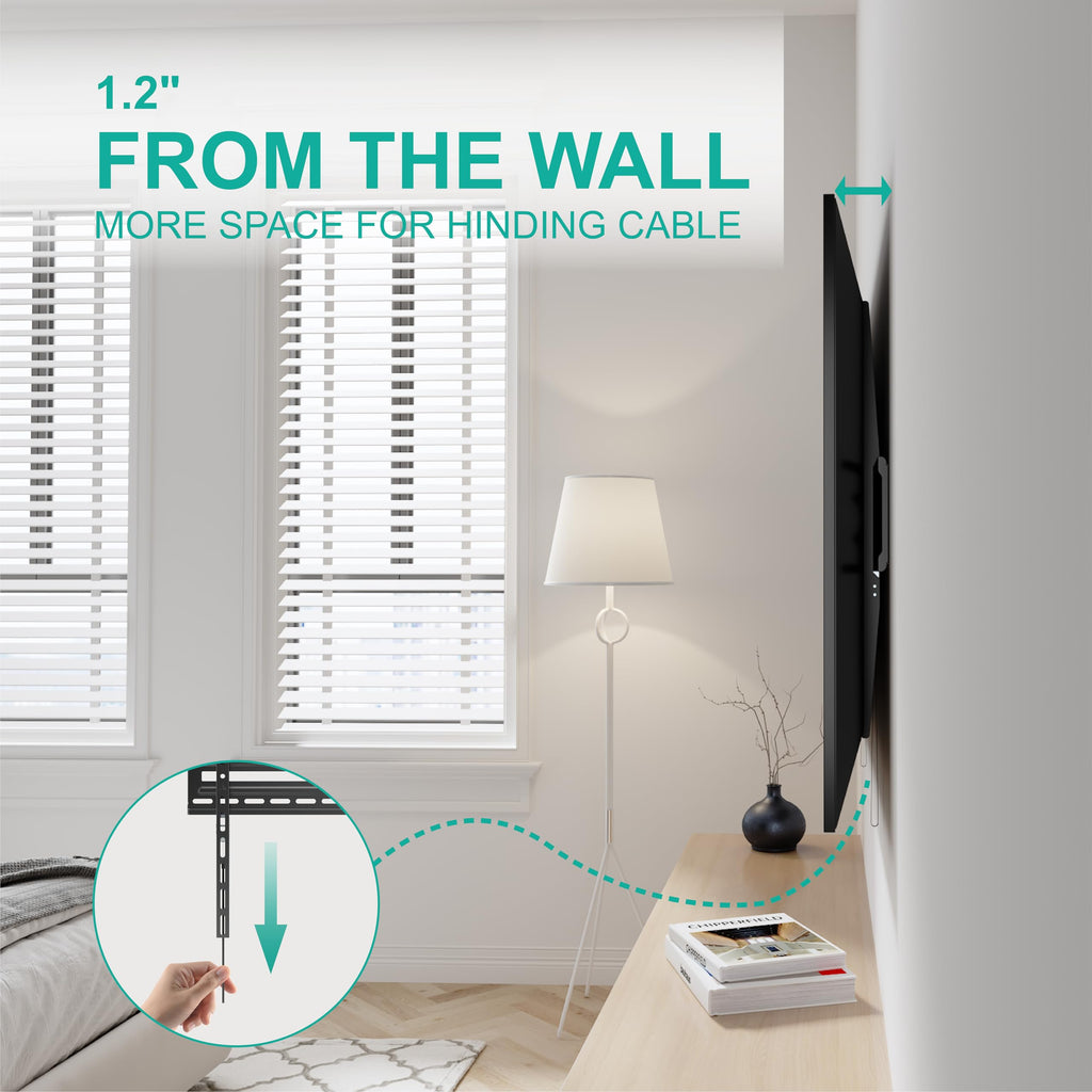 WALI TV Wall Mount for 43-100 Inch Flat Curved TVs up to 165 lbs, Low Profile Flat Wall Mount Bracket Holds Your TV 1.2 Inch from The Wall, Mounting Holes up to 900x600mm (TTM-5), Black