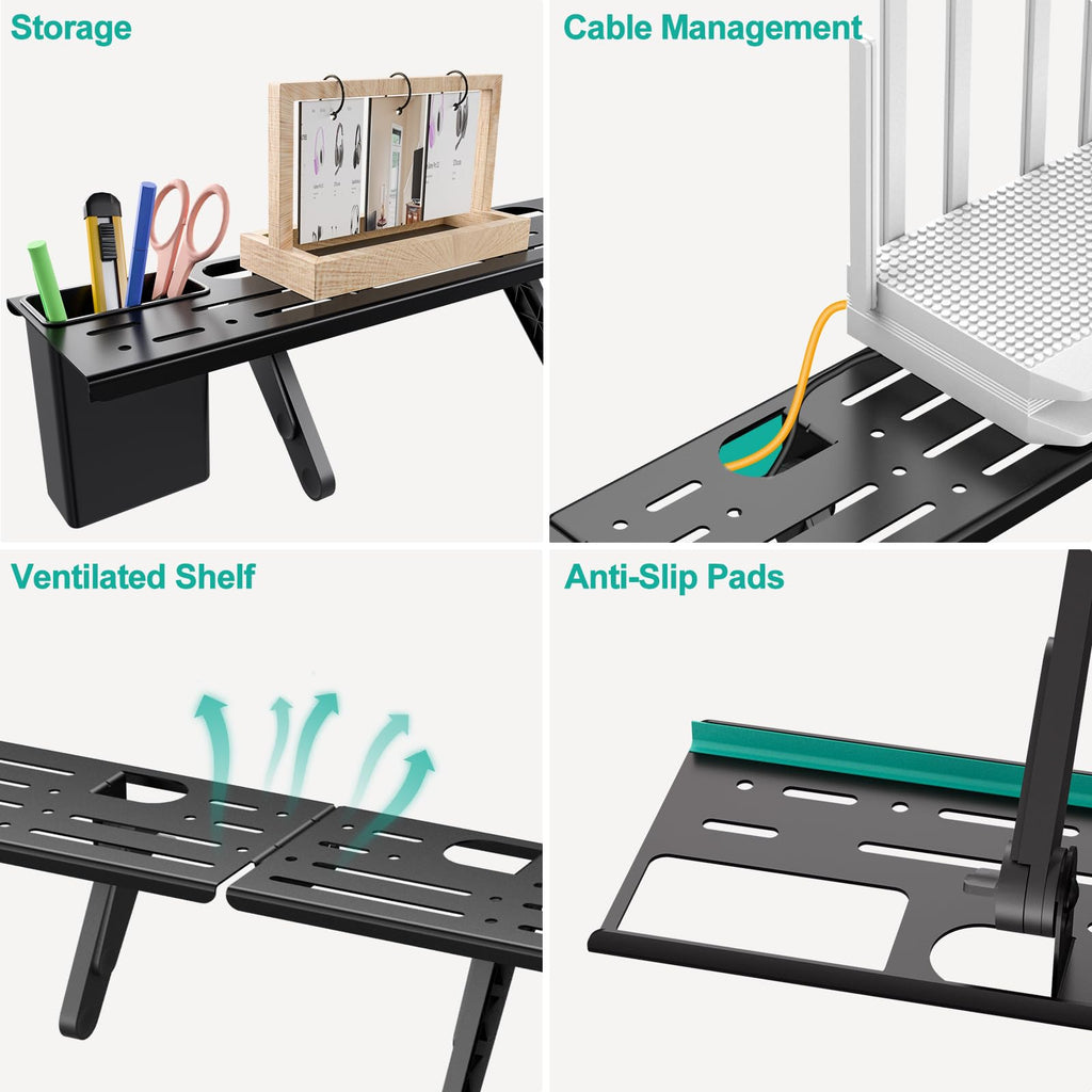 WALI TV Top Shelf, Adjustable Monitor Shelf with 2 Storage Boxes, Stitchable Floating TV Stand Holds Up to 5.5lbs for Speaker, Media Boxes, Game Console, Router Shelves 34.65×4.3'' (TSH004-2B), Black