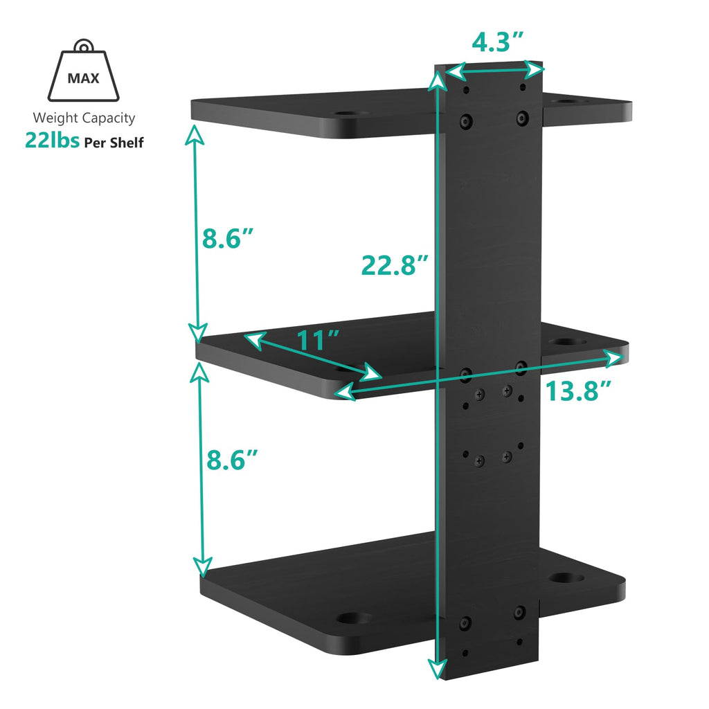 WALI Projector Mount Floating TV Shelf, Holds Up to 22lbs, Wooden Floating Shelf for Under TV for DVD Players, Cable Boxes, Routers, Game Consoles, PlayStation Accessories (CS303NB), 3 Shelves