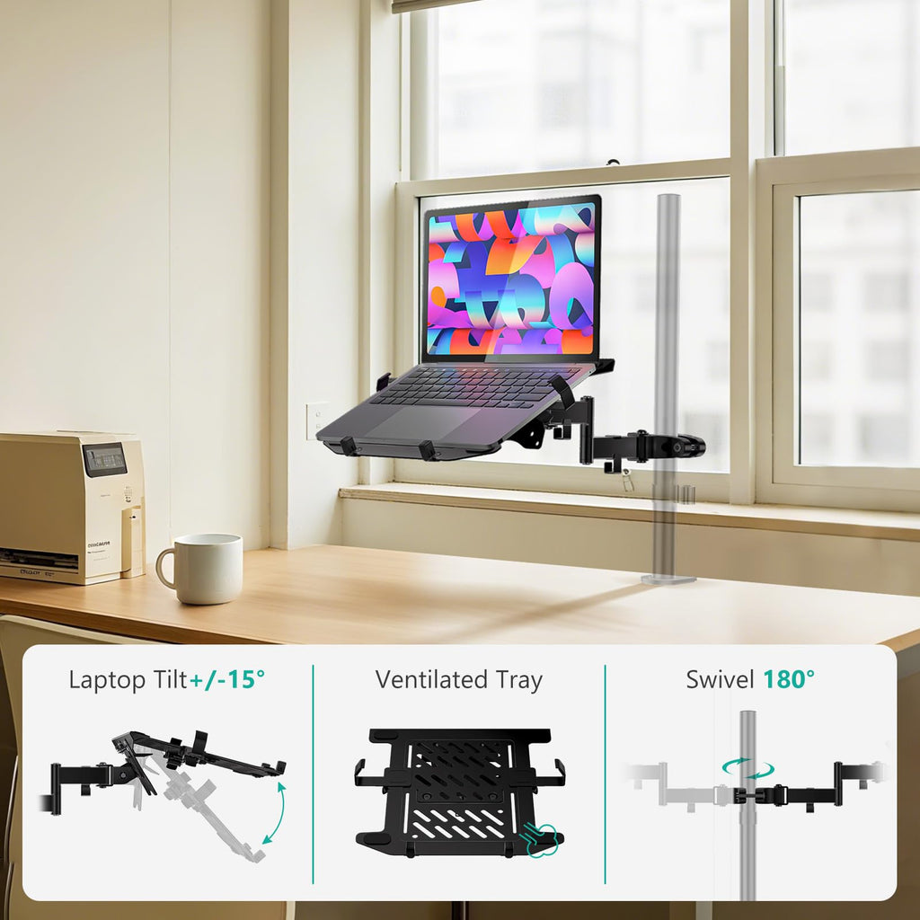 WALI Laptop Pole Mount Tray, Universal Laptop Arm Holder Fits 10 to 15.6 inch Laptops, Full Motion Monitor Mount with Removable VESA 75x75 or 100x100 mm(011ARMLP), Black