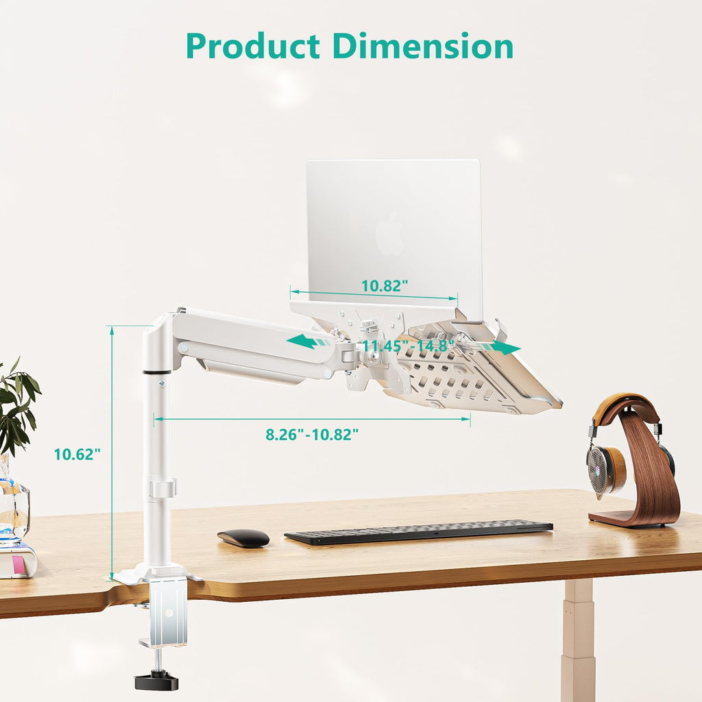 WALI Laptop Tray Desk Mount, Laptop Arm Mount Fits 10-15.6 Inch Notebook, Single Gas Spring Monitor Arm for 17-32 Inch Computer Screen, Holds up to 22lbs(GSDM00LPW), White