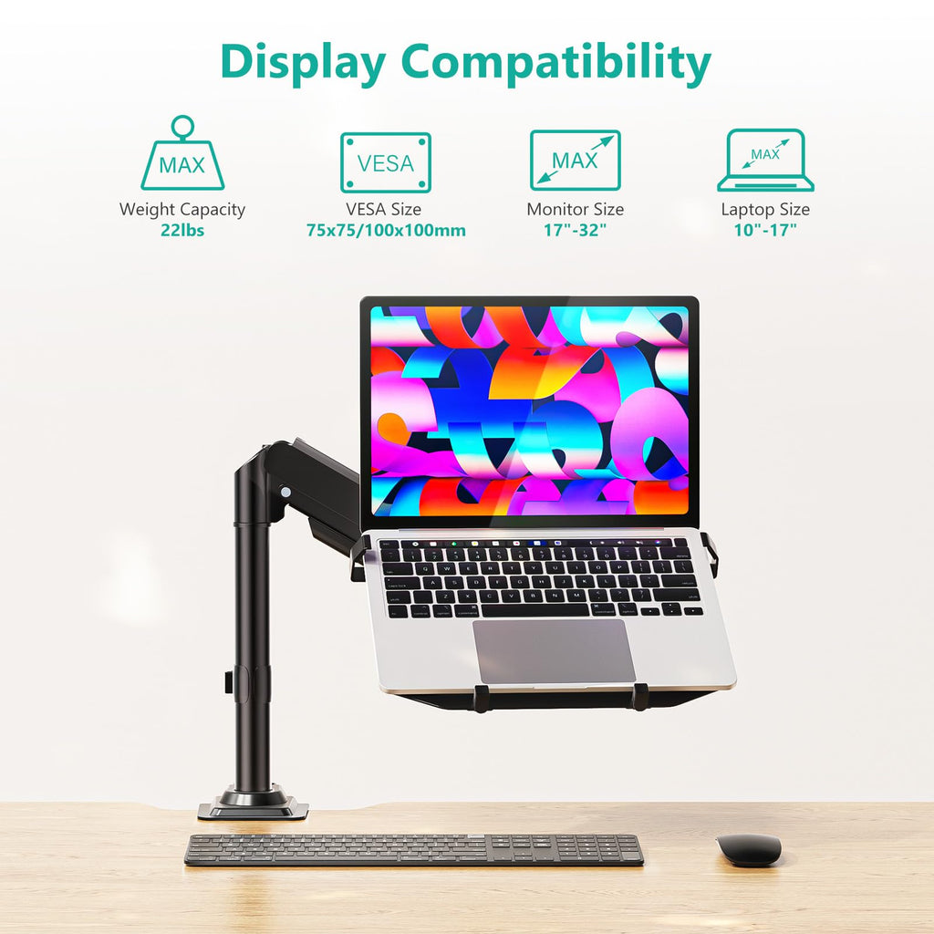 WALI Laptop Tray Desk Mount, Laptop Arm Mount Fits 10-15.6 Inch Notebook, Single Gas Spring Monitor Arm for 17-32 Inch Computer Screen, Holds up to 22lbs(GSDM00LP), Black